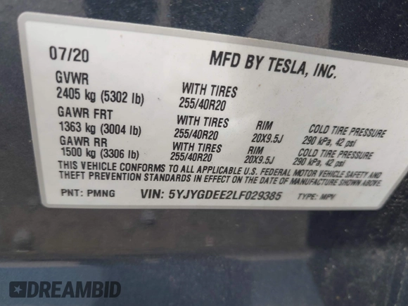 2020 Tesla Model Y Long Range with VIN 5YJYGDEE2LF029385, listed as a IAAI auction lot 42164786 with 58,685 mi miles and . Bid and sale history available at DreamBid. Image 9.