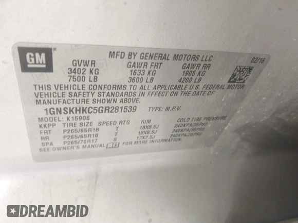 2016 Chevrolet Suburban LT z VIN 1GNSKHKC5GR281539, wystawiony jako IAAI lot #42500552 z przebiegiem 244 064 mil mil oraz . Historia ofert i sprzedaży dostępna na DreamBid. Obrazek 9.