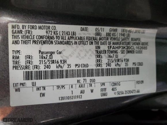 2012 Ford Focus SE with VIN 1FAHP3K20CL162685, listed as a Copart auction lot 52336515 with 175,462 mi miles and Salvage Title. Bid and sale history available at carsss.com. Image 12.