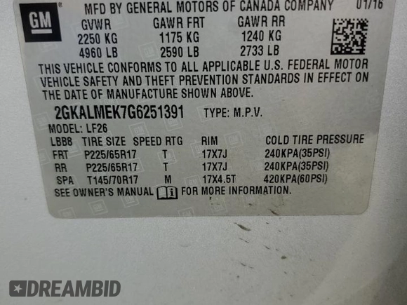 2016 GMC Terrain SLE with VIN 2GKALMEK7G6251391, listed as a Copart auction lot 49029405 with 191,347 mi miles and Salvage Title. Bid and sale history available at carsss.com. Image 14.