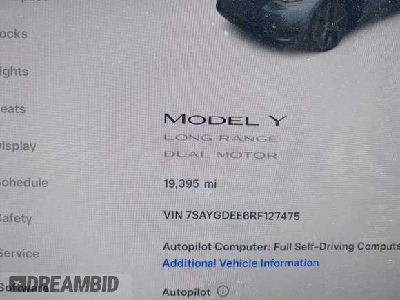 2024 Tesla Model Y Long Range with VIN 7SAYGDEE6RF127475, listed as a IAAI auction lot 41919580 with 19,395 mi miles. Bid and sale history available at carsss.com. Image 7.