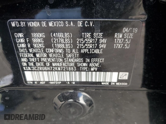 2019 Honda HR-V EX-L with VIN 3CZRU6H72KM721883, listed as a Copart auction lot 43215435 with 46,670 mi miles and Salvage Title. Bid and sale history available at carsss.com. Image 13.