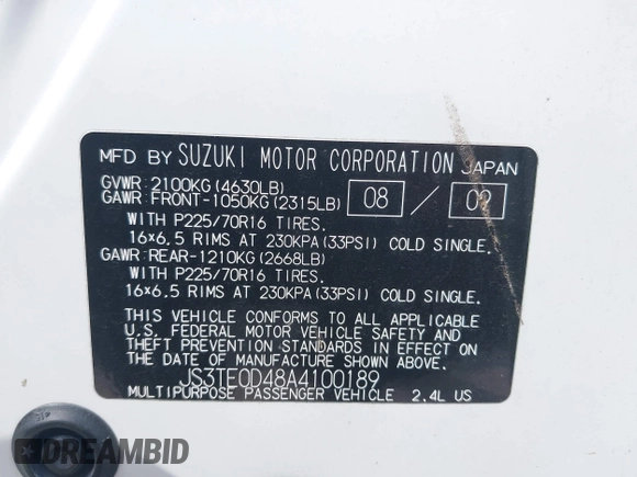 2010 Suzuki Grand Vitara XSport z VIN JS3TE0D48A4100189, wystawiony jako IAAI lot #42500701 z przebiegiem 135 346 mil mil oraz . Historia ofert i sprzedaży dostępna na DreamBid. Obrazek 9.