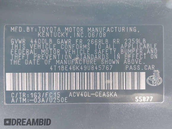 2009 Toyota Camry with VIN 4T1BE46K49U845767, listed as a IAAI auction lot 41632931 with 159,200 mi miles and . Bid and sale history available at carsss.com. Image 9.