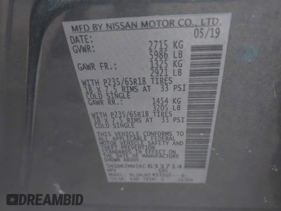 2019 Nissan Pathfinder SV with VIN 5N1DR2MN5KC633714, listed as a IAAI auction lot 42693523 with 123,674 mi miles and . Bid and sale history available at DreamBid. Image 9.