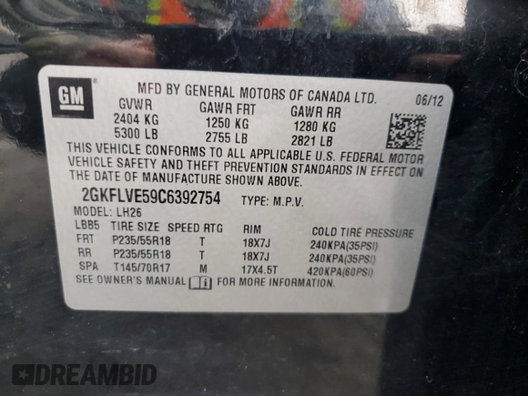 2012 GMC Terrain SLT-1 with VIN 2GKFLVE59C6392754, listed as a Copart auction lot 86542724 with 182,470 mi miles and Salvage Title. Bid and sale history available at carsss.com. Image 13.