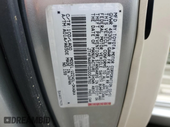 2002 Lexus SC 430 z VIN JTHFN48Y020004760, wystawiony jako Copart lot #56487275 z przebiegiem 136 275 mil mil oraz Szkoda całkowita • Salvage title. Historia ofert i sprzedaży dostępna na DreamBid. Obrazek 12.