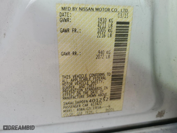 2015 Nissan Altima 2.5 with VIN 1N4AL3AP0FN401252, listed as a Copart auction lot 85695374 with 0 mi miles and Salvage Title. Bid and sale history available at carsss.com. Image 13.