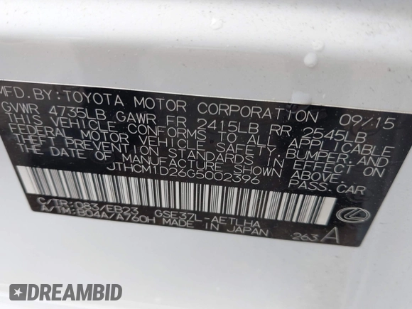 2016 Lexus IS 300/350 with VIN JTHCM1D26G5002396, listed as a IAAI auction lot 42552077 with 138,088 mi miles and . Bid and sale history available at DreamBid. Image 9.