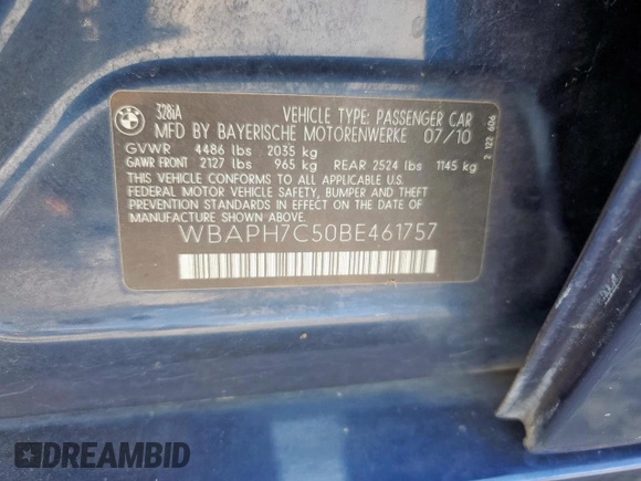 2011 BMW 3 Series 328i with VIN WBAPH7C50BE461757, listed as a Copart auction lot 62005405 with 129,851 mi miles and Salvage title. Bid and sale history available at DreamBid. Image 12.