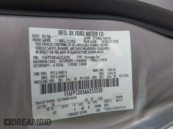 2006 Ford Taurus SE with VIN 1FAFP53U56A253230, listed as a IAAI auction lot 42247009 with 85,913 mi miles and . Bid and sale history available at DreamBid. Image 9.