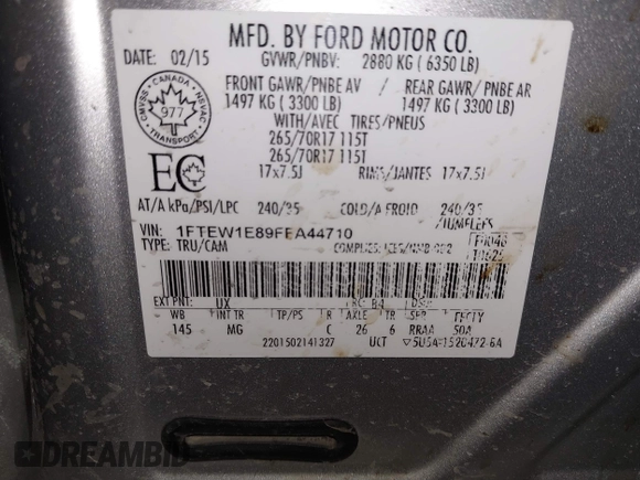 2015 Ford F-150 XLT with VIN 1FTEW1E89FFA44710, listed as a IAAI auction lot 41521584 with 158,297 mi miles. Bid and sale history available at carsss.com. Image 9.