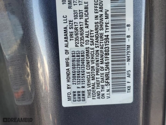 2015 Honda Odyssey EX-L with VIN 5FNRL5H61FB031594, listed as a Copart auction lot 45999155 with 66,186 mi miles and Salvage Title. Bid and sale history available at carsss.com. Image 13.