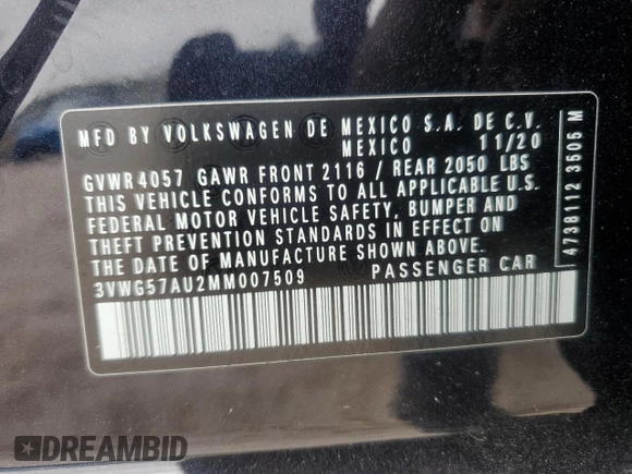 2021 Volkswagen Golf TSI z VIN 3VWG57AU2MM007509, wystawiony jako Copart lot #80248024 z przebiegiem 19 278 mil mil oraz Nie do naprawy • Non repairable. Historia ofert i sprzedaży dostępna na DreamBid. Obrazek 15.