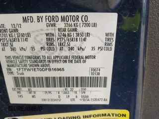 2013 Ford F-150 XL with VIN 1FTFW1ET0DFB16965, listed as a IAAI auction lot 42503215 with 194,637 mi miles and . Bid and sale history available at DreamBid. Image 9.