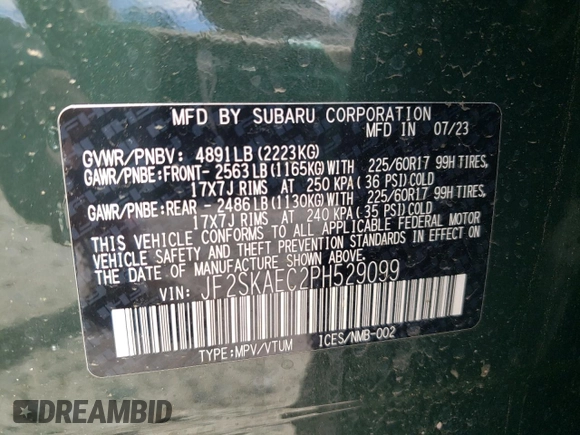 2023 Subaru Forester Premium with VIN JF2SKAEC2PH529099, listed as a Copart auction lot 57414365 with 11,185 mi miles and Salvage title. Bid and sale history available at DreamBid. Image 14.