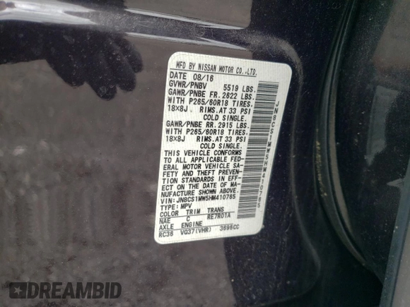 2017 Infiniti QX70 z VIN JN8CS1MW5HM410765, wystawiony jako Copart lot #55641545 z przebiegiem Nie podano mil oraz Szkoda całkowita • Salvage title. Historia ofert i sprzedaży dostępna na DreamBid. Obrazek 13.
