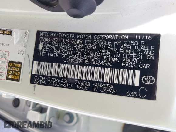 2017 Toyota Prius Two with VIN JTDKBRFU8H3034280, listed as a IAAI auction lot 42645785 with 127,553 mi miles and . Bid and sale history available at DreamBid. Image 9.