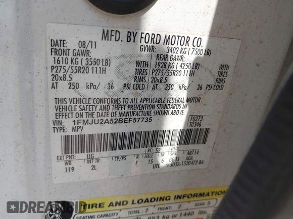 2011 Ford Expedition Limited with VIN 1FMJU2A52BEF57735, listed as a IAAI auction lot 42264865 with 159,300 mi miles and . Bid and sale history available at DreamBid. Image 9.