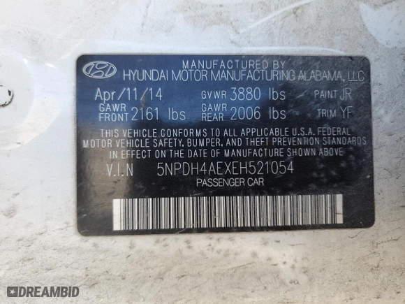 2014 Hyundai Elantra Limited with VIN 5NPDH4AEXEH521054, listed as a Copart auction lot 41770565 with 0 mi miles and Salvage Title. Bid and sale history available at carsss.com. Image 15.