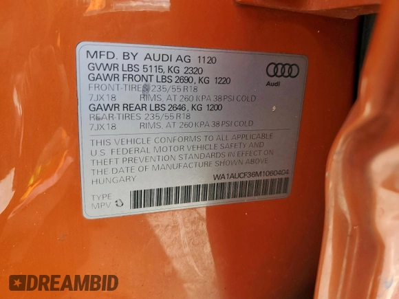 2021 Audi Q3 Premium with VIN WA1AUCF36M1060404, listed as a Copart auction lot 56501285 with 66,594 mi miles and Salvage title. Bid and sale history available at DreamBid. Image 13.