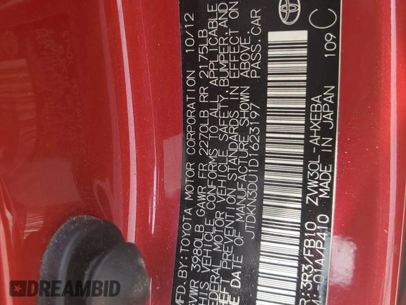 2013 Toyota Prius One z VIN JTDKN3DU1D1623197, wystawiony jako Copart lot #59472015 z przebiegiem 100 034 mil mil oraz Szkoda całkowita • Salvage title. Historia ofert i sprzedaży dostępna na DreamBid. Obrazek 12.