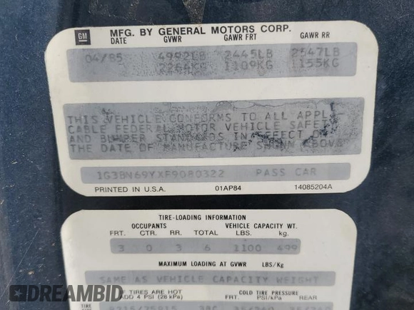 1985 Oldsmobile Delta Royale z VIN 1G3BN69YXF9080322, wystawiony jako Copart lot #78670094 z przebiegiem 58 231 mil mil oraz Tytuł czysty. Historia ofert i sprzedaży dostępna na DreamBid. Obrazek 12.