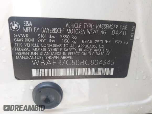 2011 BMW 5 Series 535i z VIN WBAFR7C50BC804345, wystawiony jako IAAI lot #41856642 z przebiegiem 127 357 mil mil oraz . Historia ofert i sprzedaży dostępna na DreamBid. Obrazek 9.