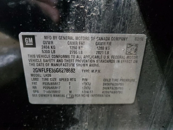 2016 Chevrolet Equinox LT with VIN 2GNFLFE35G6278683, listed as a Copart auction lot 53615755 with 0 mi miles and Salvage Title. Bid and sale history available at carsss.com. Image 14.