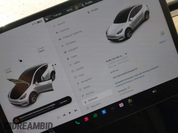 2023 Tesla Model Y Long Range with VIN 7SAYGDEE3PA206757, listed as a IAAI auction lot 39425483 with 5,711 mi miles and . Bid and sale history available at DreamBid. Image 7.
