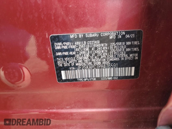 2023 Subaru Forester Limited с VIN JF2SKAPC7PH476591, выставлен на аукционе Copart как лот 55864855 с пробегом 32 518 миль миль и Списание • Salvage title. История ставок и продаж доступна на DreamBid. Изображение 12.