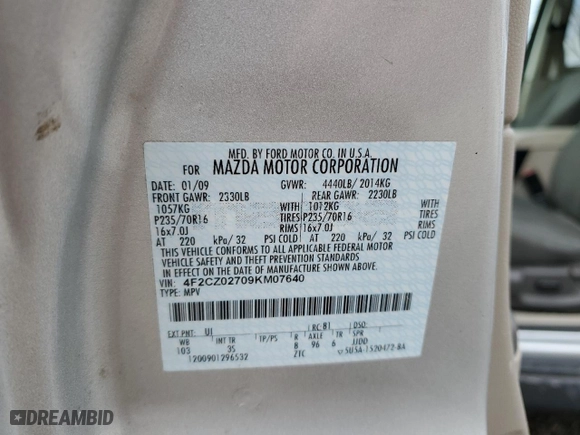 2009 Mazda Tribute Touring with VIN 4F2CZ02709KM07640, listed as a Copart auction lot 83662644 with NaN miles and Salvage Title. Bid and sale history available at carsss.com. Image 15.