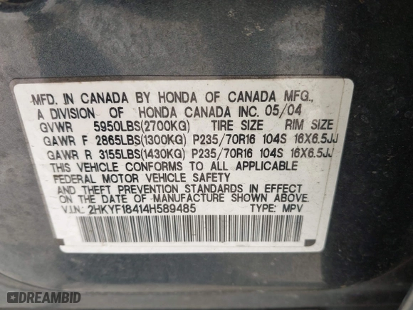 2004 Honda Pilot EX with VIN 2HKYF18414H589485, listed as a IAAI auction lot 42100822 with 172,254 mi miles. Bid and sale history available at carsss.com. Image 9.