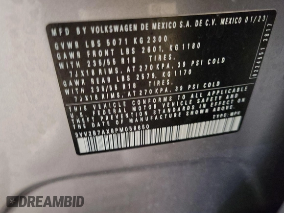 2023 Volkswagen Tiguan SE z VIN 3VV2B7AX8PM058650, wystawiony jako IAAI lot #42801702 z przebiegiem 39 472 mil mil oraz . Historia ofert i sprzedaży dostępna na DreamBid. Obrazek 13.