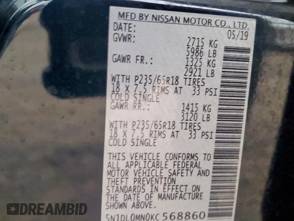 2019 Infiniti QX60 Luxe with VIN 5N1DL0MN0KC568860, listed as a Copart auction lot 58367525 with 68,446 mi miles and Salvage title. Bid and sale history available at DreamBid. Image 13.