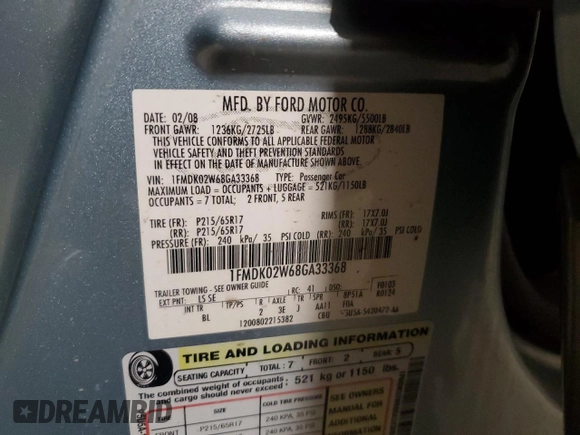 2008 Ford Taurus X SEL with VIN 1FMDK02W68GA33368, listed as a Copart auction lot 51045435 with Not provided miles and Salvage title. Bid and sale history available at DreamBid. Image 15.