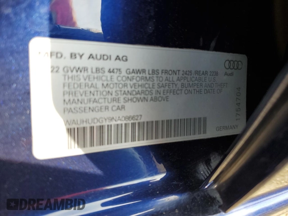 2022 Audi A3 Premium Plus z VIN WAUHUDGY9NA086627, wystawiony jako Copart lot #73651844 z przebiegiem 42 778 mil mil oraz Szkoda całkowita • Salvage title. Historia ofert i sprzedaży dostępna na DreamBid. Obrazek 12.