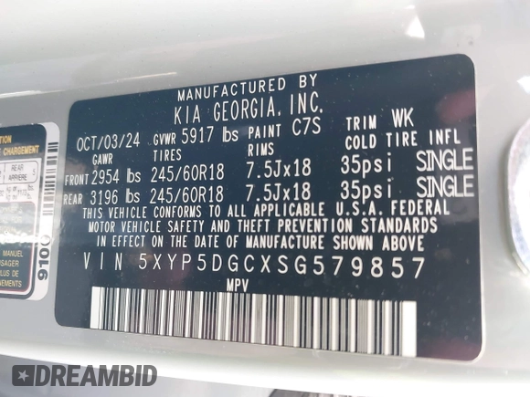 2025 Kia Telluride SX-Prestige X-Line with VIN 5XYP5DGCXSG579857, listed as a IAAI auction lot 42213332 with 4,738 mi miles and . Bid and sale history available at DreamBid. Image 9.