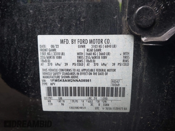 2022 Ford Police Interceptor Utility z VIN 1FM5K8AW2NNA08981, wystawiony jako IAAI lot #41857684 z przebiegiem 22 652 mil mil oraz . Historia ofert i sprzedaży dostępna na DreamBid. Obrazek 9.