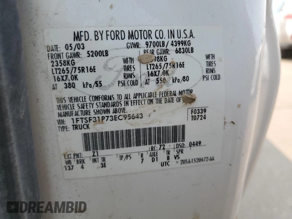 2003 Ford F-350 z VIN 1FTSF31P73EC95643, wystawiony jako Copart lot #64644304 z przebiegiem 234 704 mil mil oraz Szkoda całkowita • Salvage title. Historia ofert i sprzedaży dostępna na DreamBid. Obrazek 12.