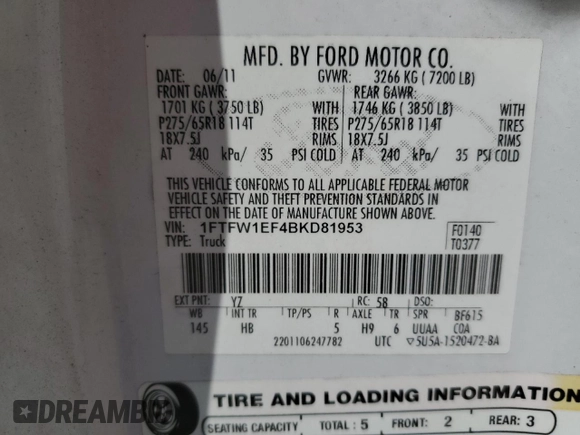 2011 Ford F-150 XL with VIN 1FTFW1EF4BKD81953, listed as a Copart auction lot 63464825 with 224,685 mi miles and Non repairable. Bid and sale history available at DreamBid. Image 12.