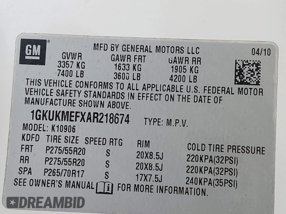 2010 GMC Yukon XL Denali with VIN 1GKUKMEFXAR218674, listed as a IAAI auction lot 41689848 with 1 mi miles. Bid and sale history available at carsss.com. Image 9.