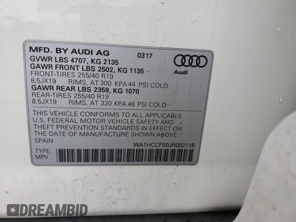2018 Audi Q3 Premium Plus with VIN WA1HCCFS0JR002116, listed as a Copart auction lot 44686015 with 86,580 mi miles and Salvage title. Bid and sale history available at DreamBid. Image 13.