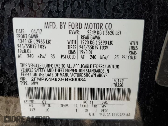 2017 Ford Edge Titanium z VIN 2FMPK4K8XHBB89684, wystawiony jako Copart lot #47852475 z przebiegiem 45 993 mil mil oraz Szkoda całkowita • Salvage title. Historia ofert i sprzedaży dostępna na DreamBid. Obrazek 14.