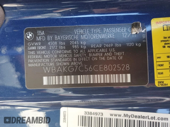2012 BMW 3 Series 335i с VIN WBAKG7C56CE802528, выставлен на аукционе Copart как лот 72278724 с пробегом 108 197 миль миль и Списание • Salvage title. История ставок и продаж доступна на DreamBid. Изображение 14.