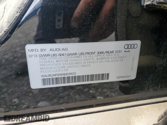 2014 Audi A8 4.0T with VIN WAUR2AFD5EN003923, listed as a Copart auction lot 65389025 with 97,833 mi miles and Salvage title. Bid and sale history available at DreamBid. Image 12.