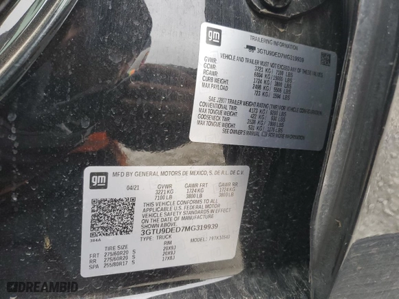 2021 GMC Sierra 1500 SLT with VIN 3GTU9DED7MG319939, listed as a Copart auction lot 46341685 with 58,825 mi miles and Salvage Title. Bid and sale history available at carsss.com. Image 12.
