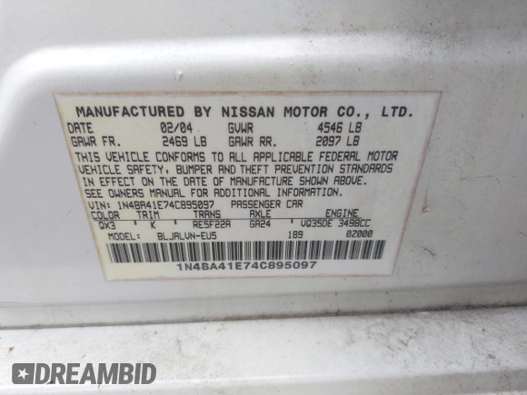 2004 Nissan Maxima SE with VIN 1N4BA41E74C895097, listed as a IAAI auction lot 42485748 with 112,443 mi miles and . Bid and sale history available at DreamBid. Image 9.
