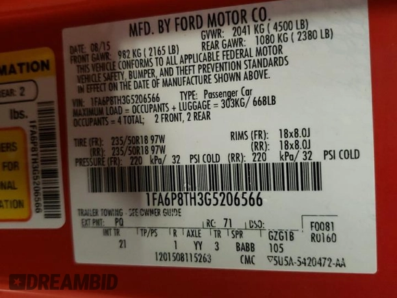 2016 Ford Mustang EcoBoost with VIN 1FA6P8TH3G5206566, listed as a Copart auction lot 62368485 with 92,215 mi miles and Salvage title. Bid and sale history available at DreamBid. Image 12.