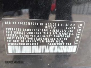 2020 Volkswagen Jetta S with VIN 3VWCB7BU0LM076901, listed as a IAAI auction lot 42589513 with 43,446 mi miles and . Bid and sale history available at DreamBid. Image 9.